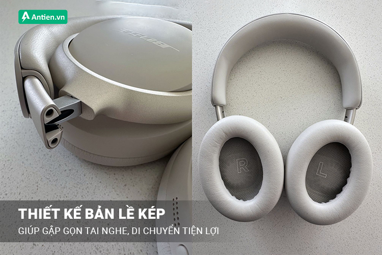 Thiết kế bản lề kép trên tai nghe vừa có thể gấp gọn vừa gập phẳng để bạn dễ dàng di chuyển mọi nơi