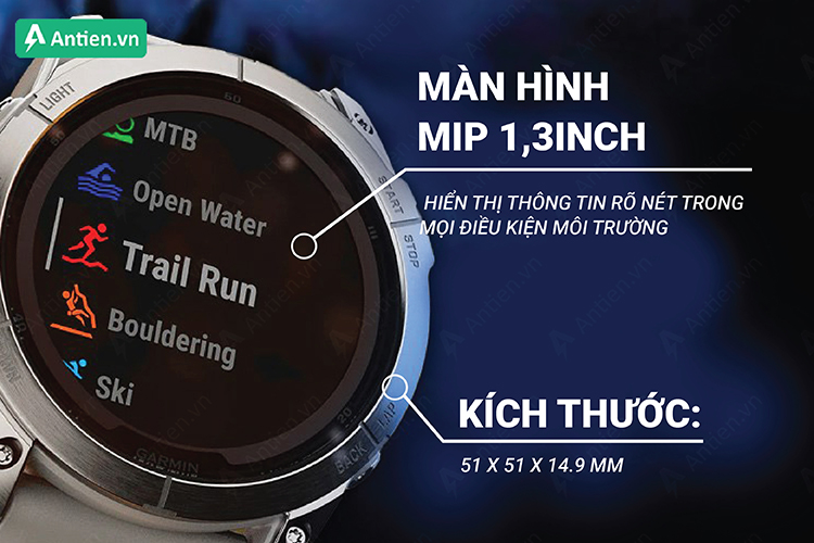 Garmin Fenix 7X Pro Sapphire Solar sở hữu thiết kế thể thao, nổi bật với màn hình MIP thế hệ mới