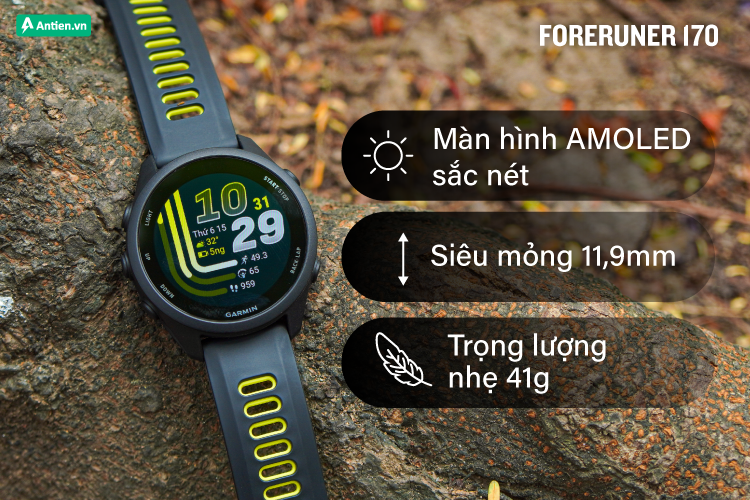 Forerunner hiển thị thông tin sắc nét với màn hình cảm ứng AMOLED 1,2 inch