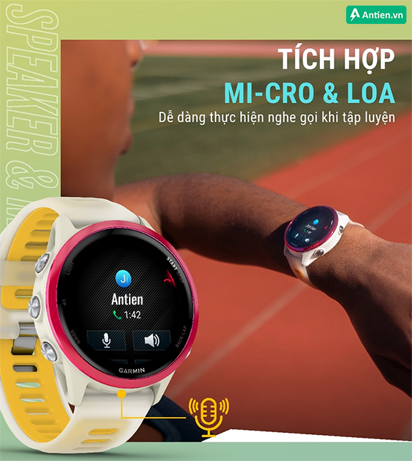 Forerunner 570 tích hợp loa/mic, cho khả năng nghe gọi và thực hiện cuộc gọi, ra lệnh giọng nói ngay trên cổ tay