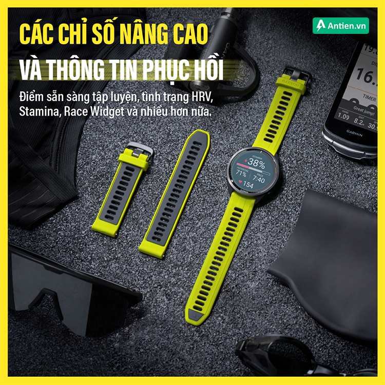 Forerunner 965 trang bị loạt dữ liệu chiều sâu: stamina, điểm leo đồi, điểm sức bền...