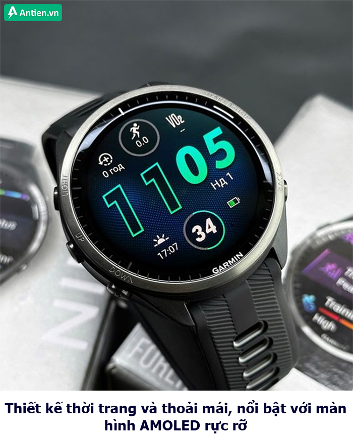 FR965 sở hữu thiết kế nổi bật, rực rỡ với màn hình AMOLED hiển thị rõ mọi thông tin