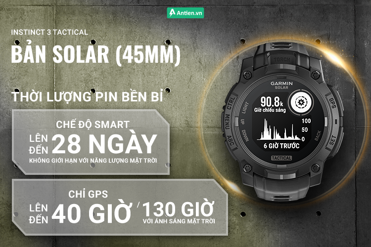 Instinct 3 - 45 mm, Solar Tactical cung cấp thời lượng pin khủng tới 28 ngày ở chế độ thông minh