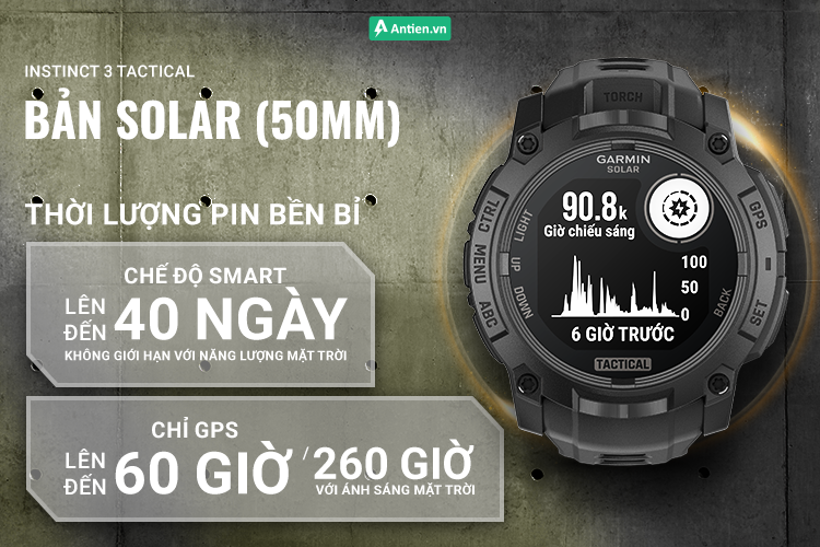 Instinct 3 - 50 mm, Solar Tactical cung cấp thời lượng pin khủng tới 40 ngày ở chế độ thông minh