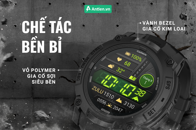 Instinct 3 Tactical sở hữu thiết kế nồi đồng cối đá với màn hình MIP hiển thị rõ ngay cả khi dưới trời nắng