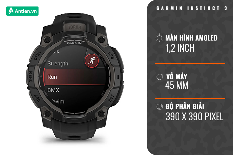 Instinct 3 - 45 mm, Amoled nổi bật với màn hình sống động 1,2 inch