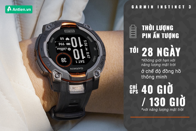 Phiên bản Instict 3 Solar 45 MM cho thời lượng sử dụng tới 28 ngày ở chế độ smart watch
