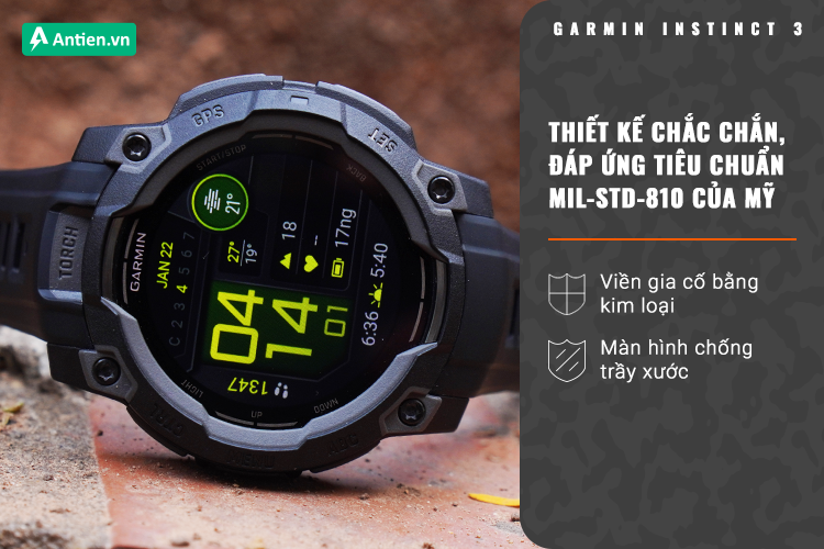 Instinct 3 được gia cố chắc chắn với viền bezel bằng kim loại