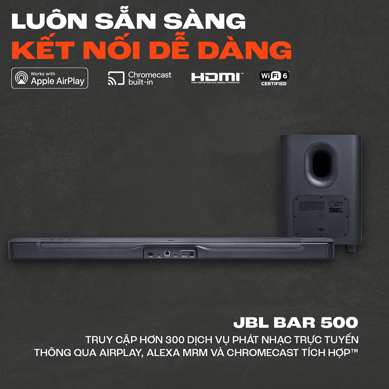 Kết nối linh hoạt với HDMI, Optical và Bluetooth 5.0 trên JBL Bar 500