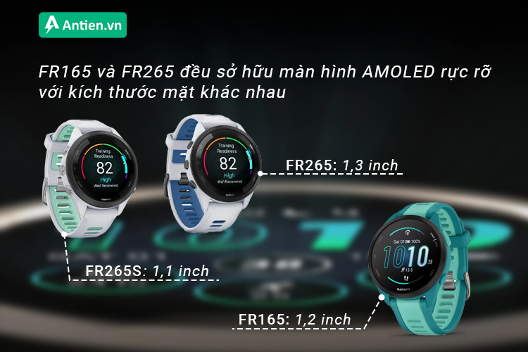 Cả FR165 và FR265 đều trang bị màn hình AMOLED rực rỡ, cho khả năng hiển thị sắc nét, rõ ràng