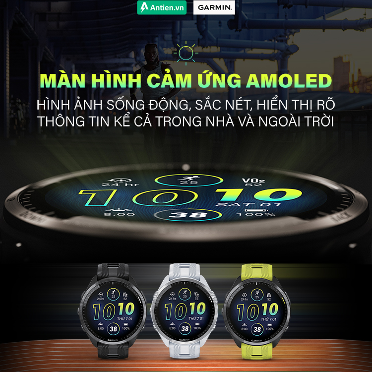 FR965 sở hữu màn hình AMOLED sống động, hiển thị thông tin rõ nét