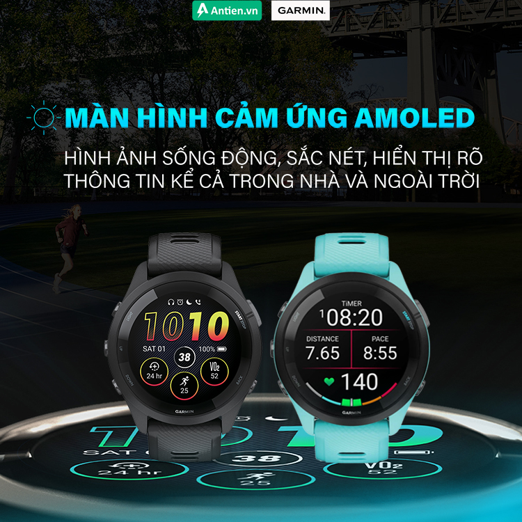 FR265 trang bị màn hình AMOLED, hiển thị sống động và sắc nét
