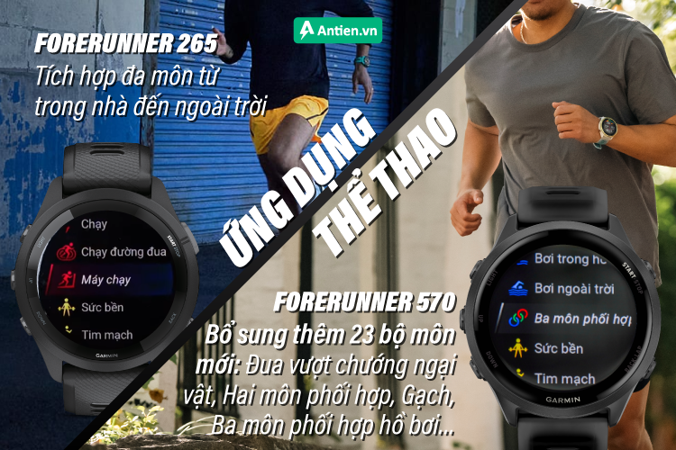 Forerunner 570 và 265 đều tích hợp đa môn thể thao, từ trong nhà đến ngoài trời