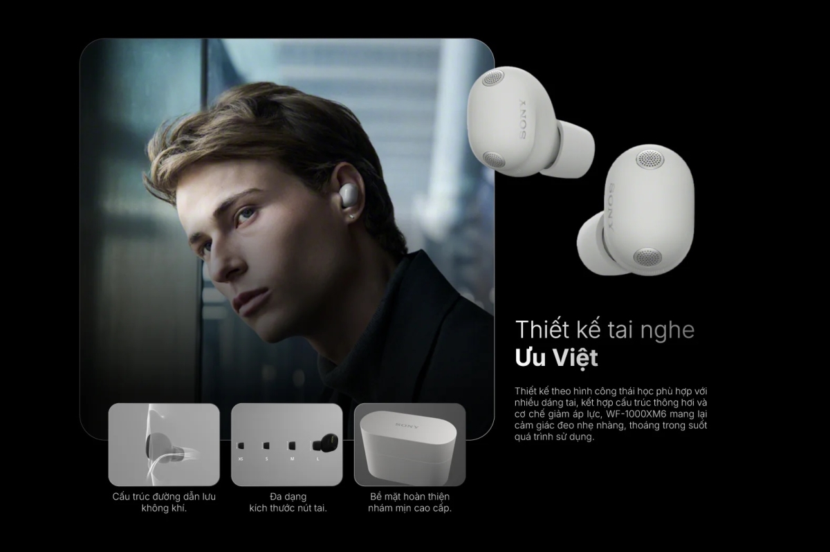Thiết kế tai nghe Sony WF-1000XM6 nhỏ gọn, hiện đại và tinh tế