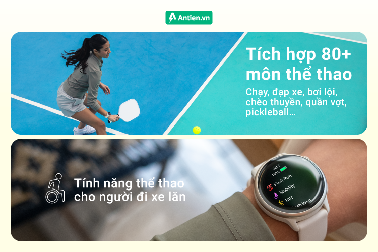 vívoactive 6 bao gồm hơn 80 ứng dụng thể thao được tải sẵn để duy trì hoạt động trong suốt cả ngày