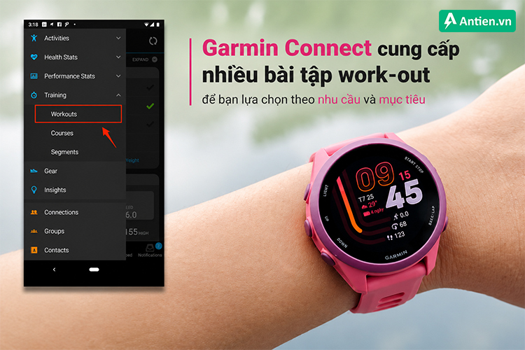 Ứng dụng Garmin Connect cung cấp nhiều bài tập work-out theo mục tiêu và nhu cầu tập luyện