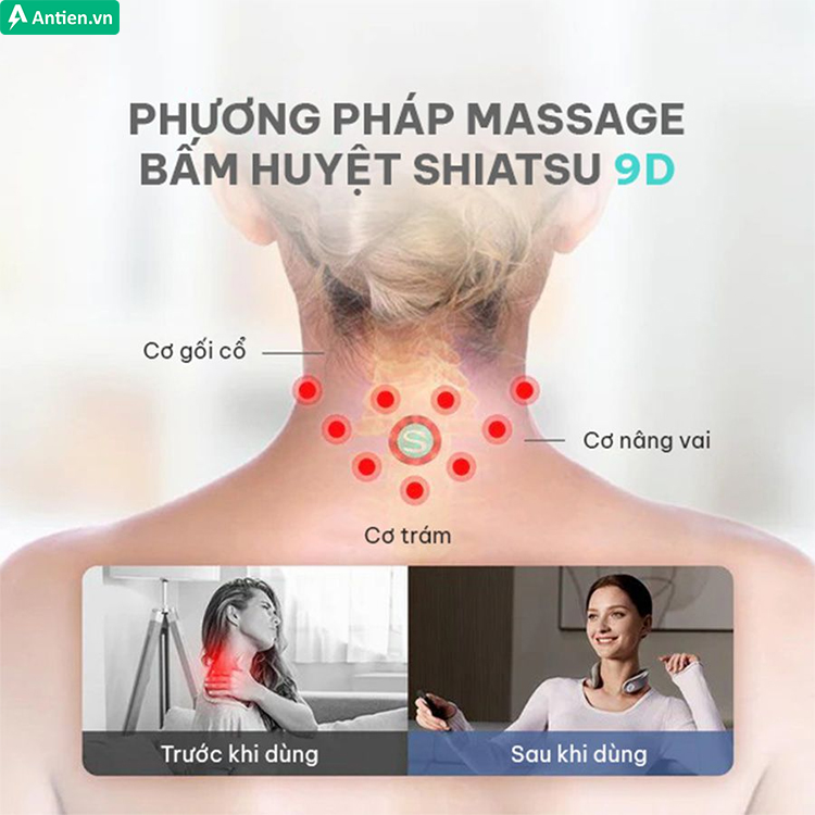 Ứng dụng kỹ thuật massage Shiatsu trên 9 đầu rung mátxa vật lý độc lập, tác động 5 huyệt vị khác nhau