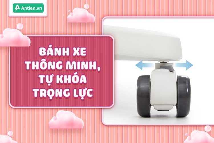 Bánh xe tự khóa khi có trọng lực giúp trẻ ngồi cố định và thắt chặt ghế