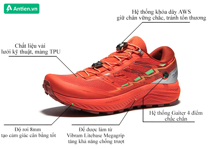 Mặt trên giày sử dụng chất liệu lưới kỹ thuật cùng màng TPU chống sỏi đá