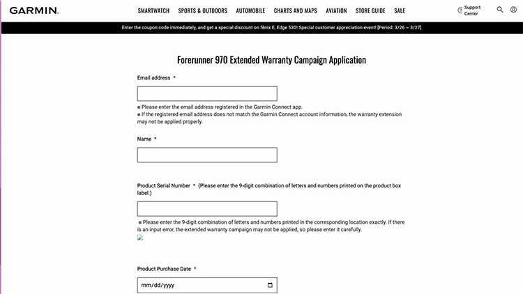Phiên bản dịch của mẫu đơn xin bảo hành mở rộng cho Forerunner 970