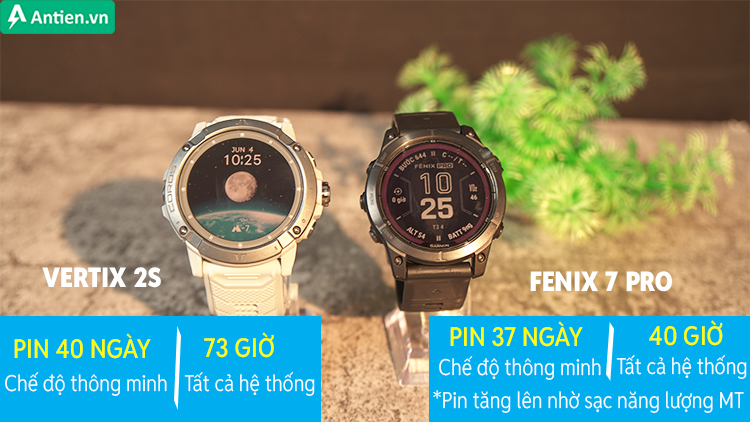 Thời lượng pin của Vertix 2S và Fenix 7 Pro đều nổi bật, đáp ứng cho nhiều nhu cầu tập luyện và theo dõi
