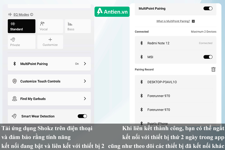 Các bước kết nối đa điểm trên Shokz OpenFit 2+ và Shokz OpenDots One