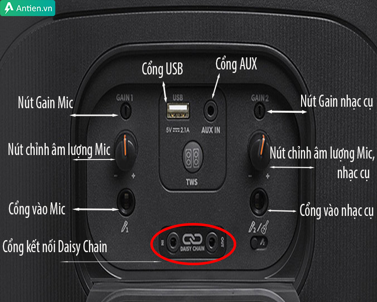 Partybox 710 trang bị đầy đủ các cổng kết nối và Bluetooth