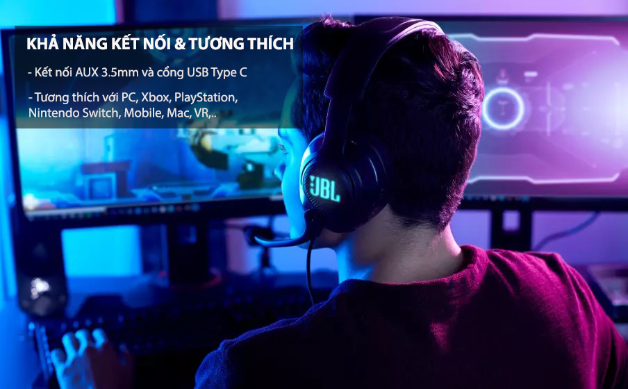 Tai nghe JBL Quantum 400 kết nối AUX 3.5mm và cổng USB Type C