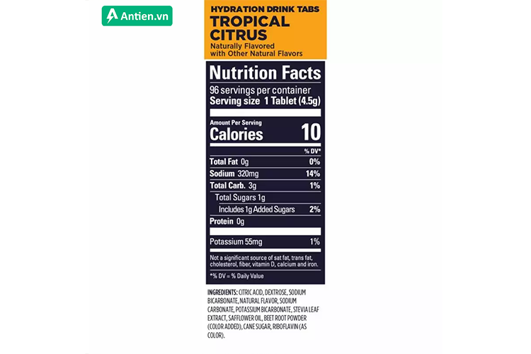 Bảng thành phần dinh dưỡng của Gu Hydration Drink