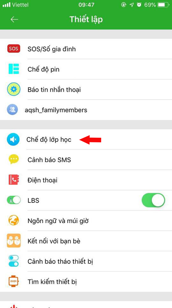 Chọn mục chế độ lớp học