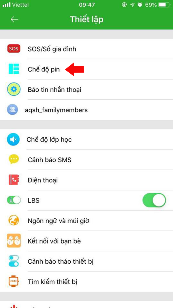 Lựa chọn mục chế độ pin