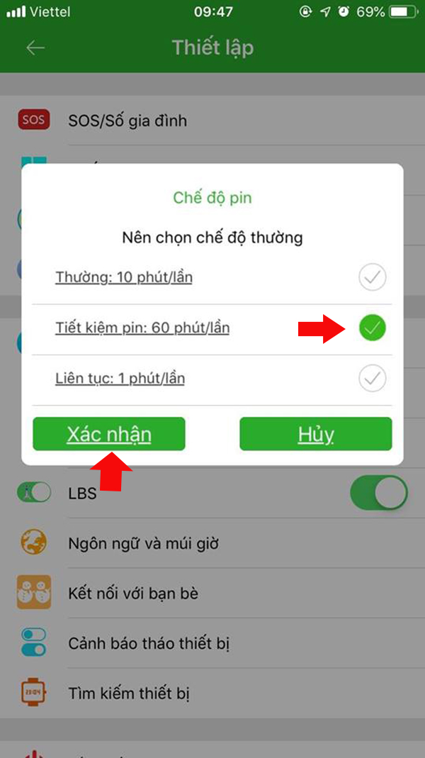 Lựa chọn chế độ 60p/lần và xác nhận
