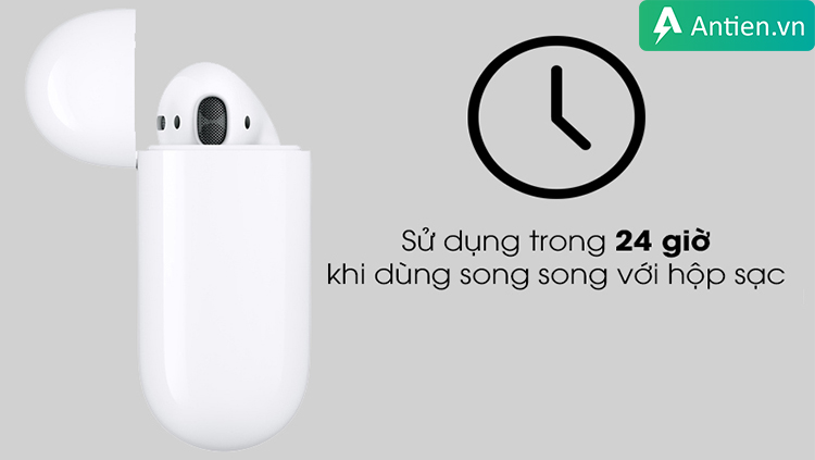 Tai nghe không dây Airpods 2 cung cấp 5h nghe nhạc và thêm 24h với hộp sạc