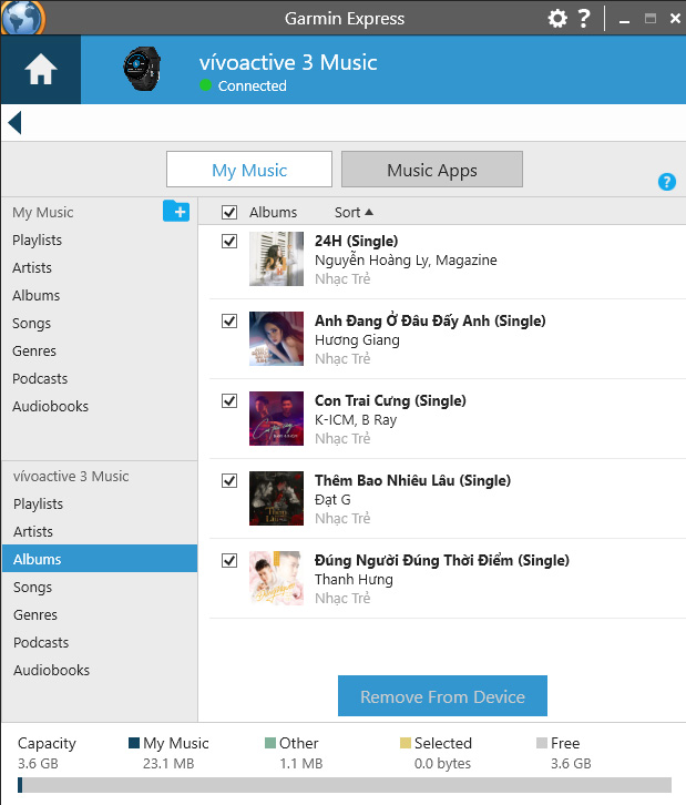 Các bài hát đã được chuyển qua thiết bị Garmin