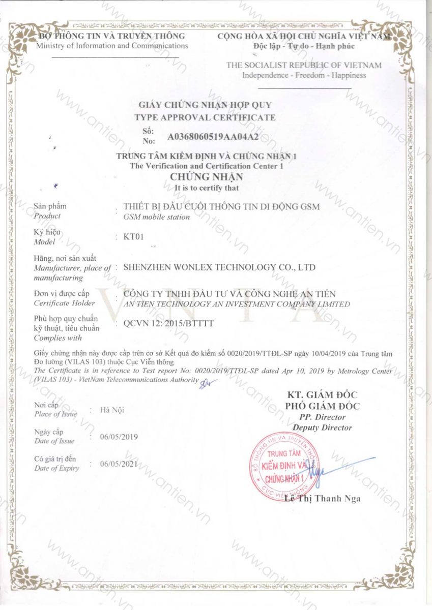Chứng nhận hợp chuẩn, hợp quy của Cục Viễn Thông cho sản phẩm Đồng hồ Wonlex KT01