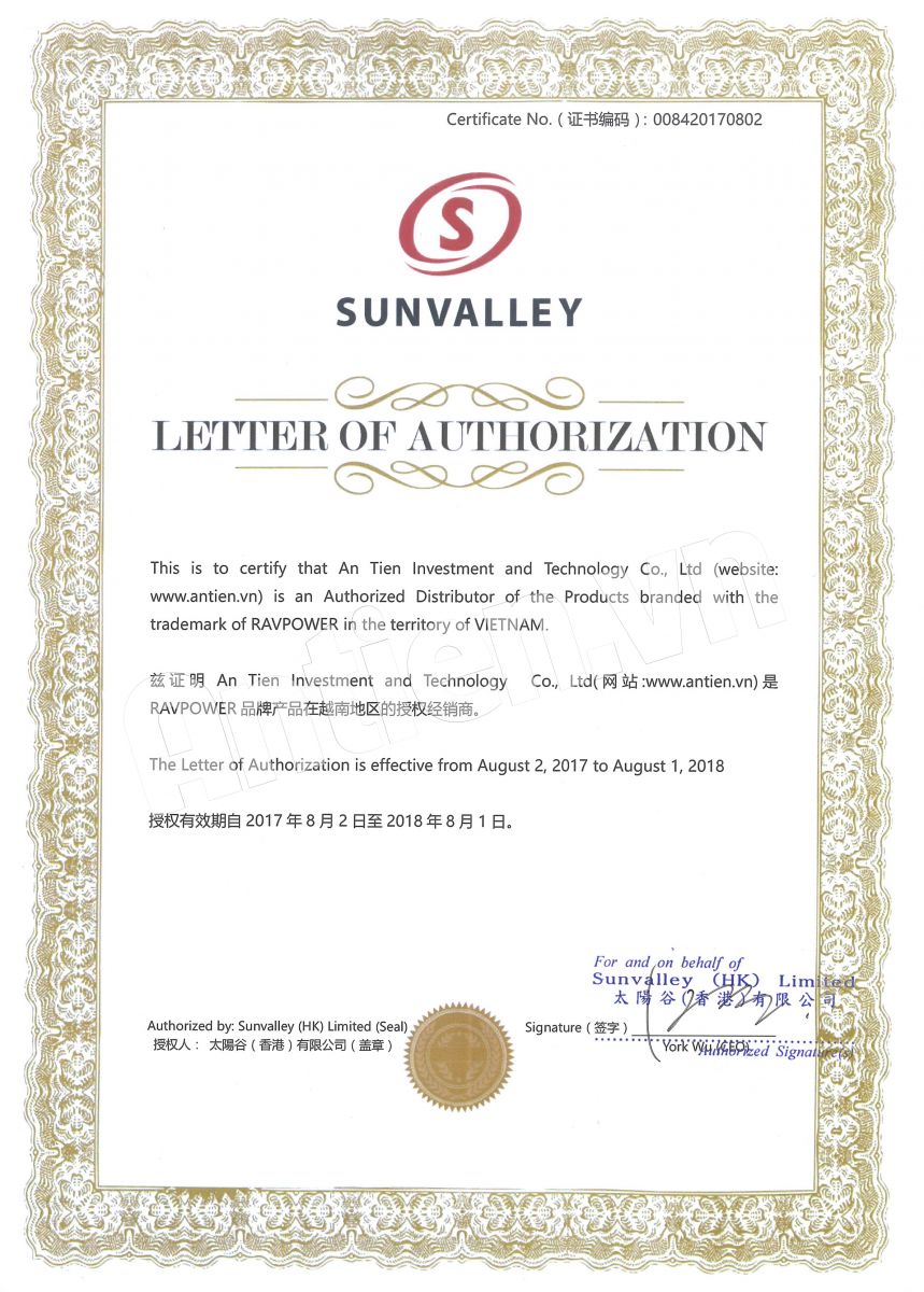 Chứng nhận phân phối pin sạc dự phòng chính hãng Ravpower